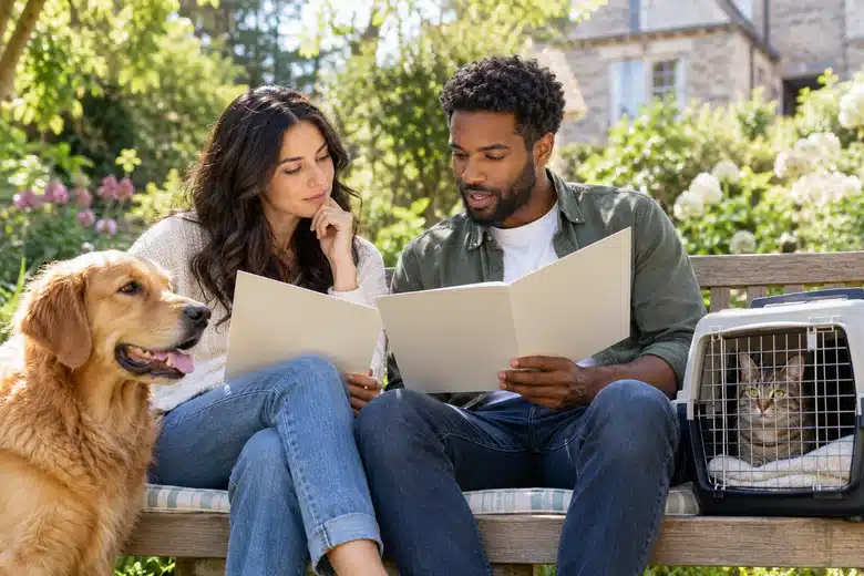 Couple discussing folders with their dog and a cat in a carrier