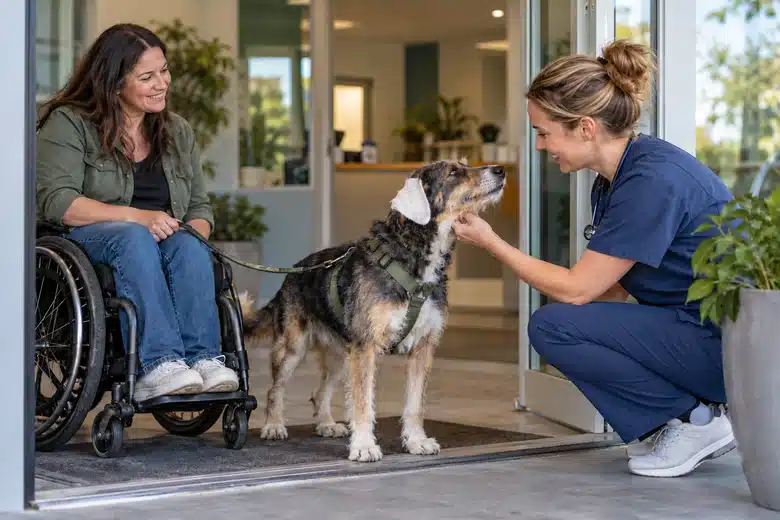 Dog and wheelchair-using owner welcomed at a clinic