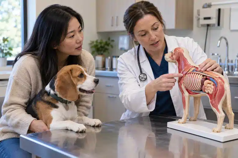Woman and beagle listening to a veterinarian beside a dog anatomy model