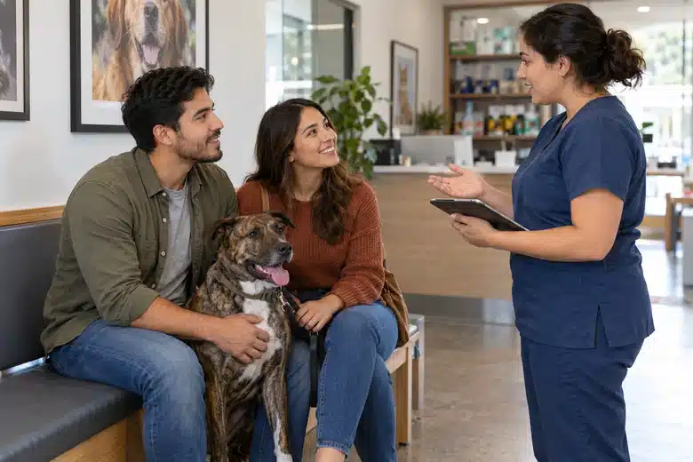 Couple and brindle dog talking with veterinary reception staff