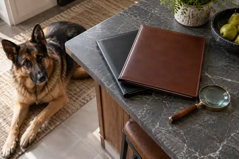 German shepherd beside two plain folders and a magnifying glass