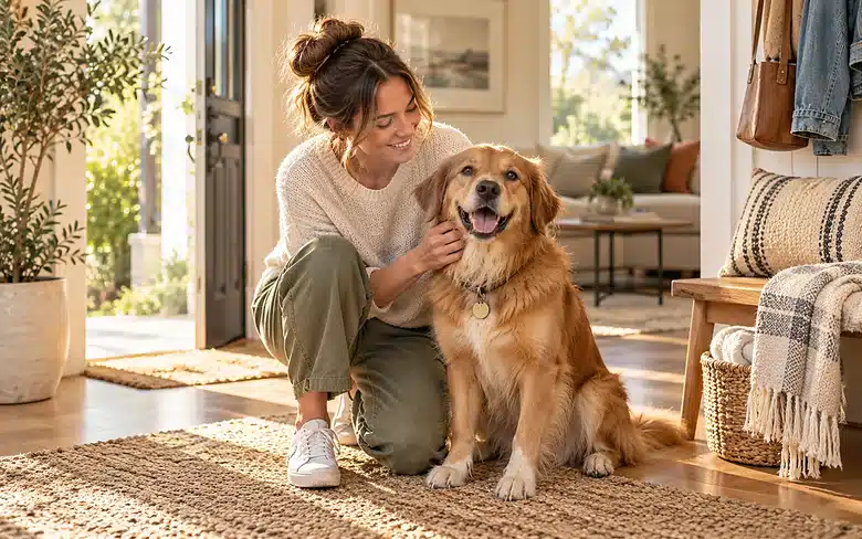 Dog owner reviewing insurance paperwork while a golden retriever rests nearby