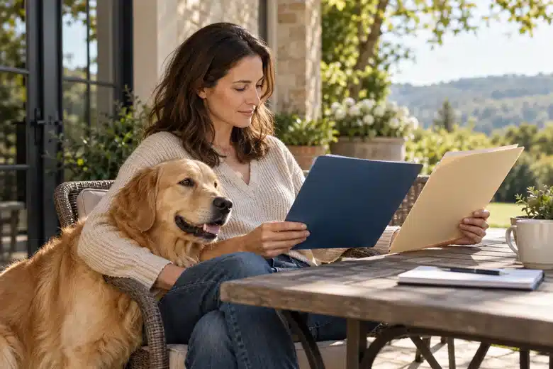 Golden retriever beside owner comparing two folders at a patio table