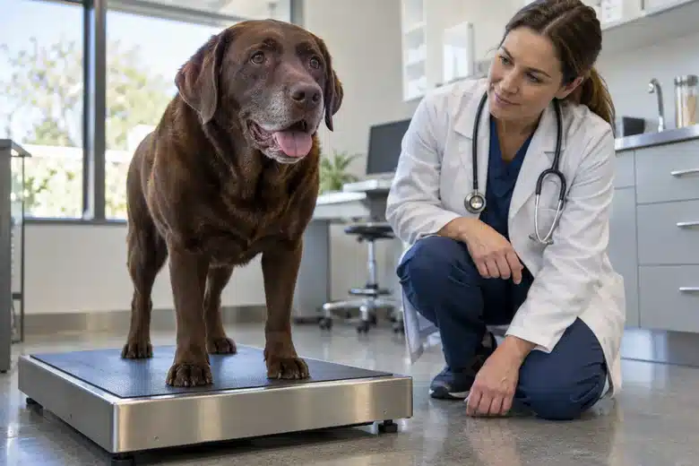 Labrador on a veterinary weighing platform.