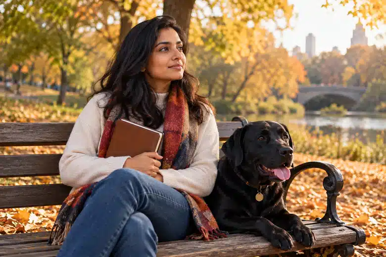 A woman on a park bench with a black Labrador and a closed notebook