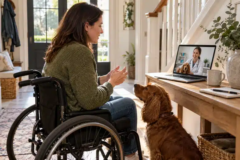 Dog owner using a wheelchair beside a spaniel during a video discussion