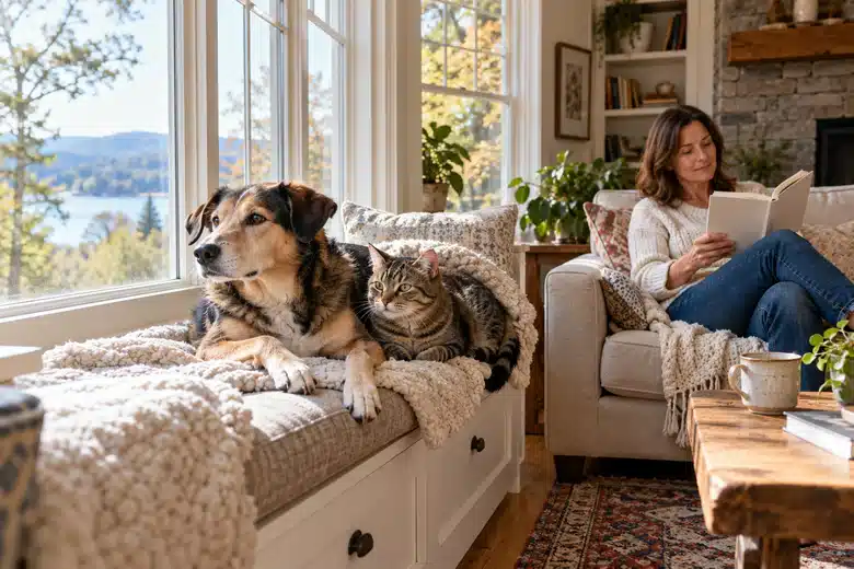 A dog and cat rest near an owner reading a booklet
