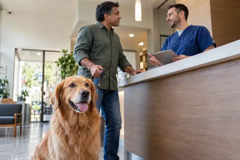 Dog owner talking with a veterinary staff member at a reception counter, golden retriever in foreground