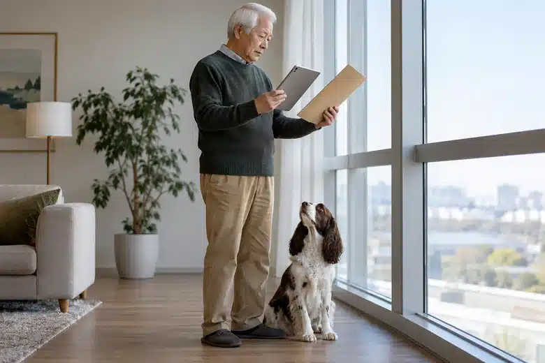 Older man standing by a window with a tablet and plain folder while a spaniel sits beside him