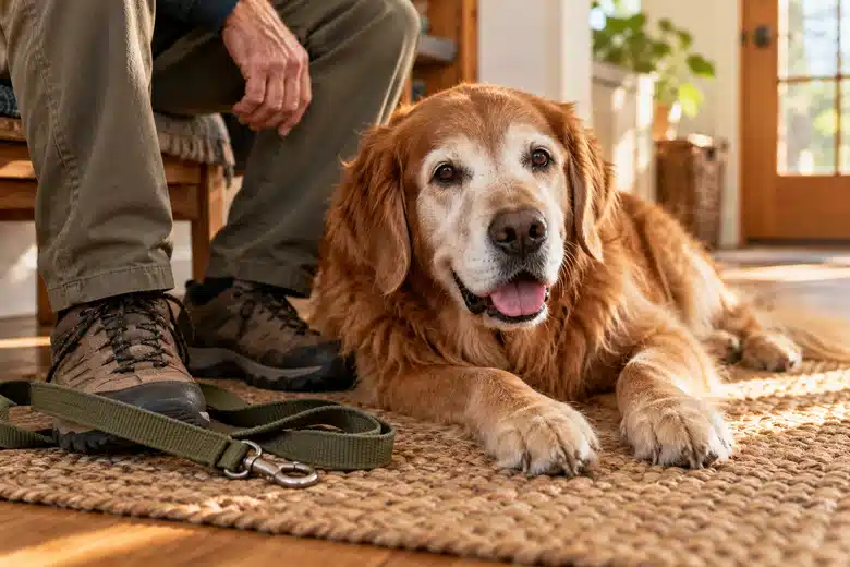 Illustrative scene: older golden retriever resting beside its owner