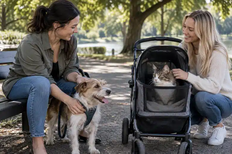 Two adults sit outdoors with a terrier and a cat in a stroller