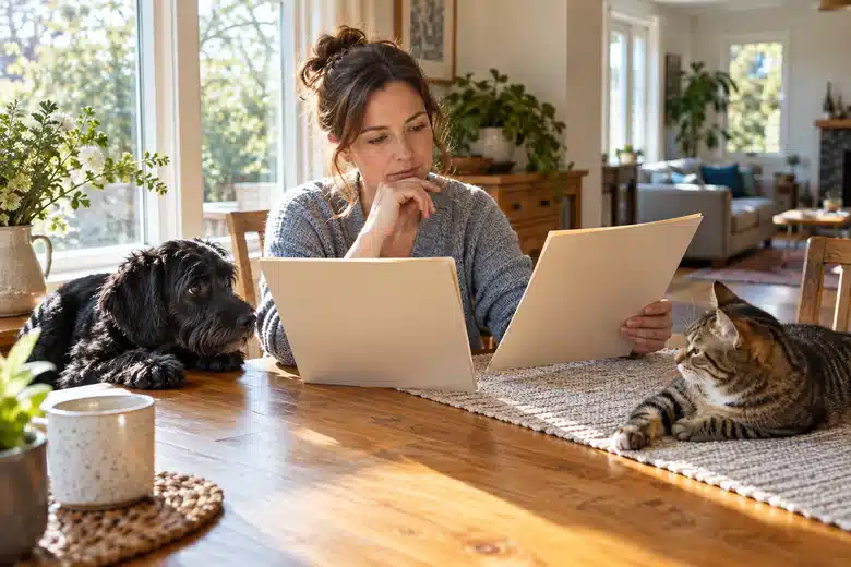 Owner reviewing two folders with a dog and cat nearby