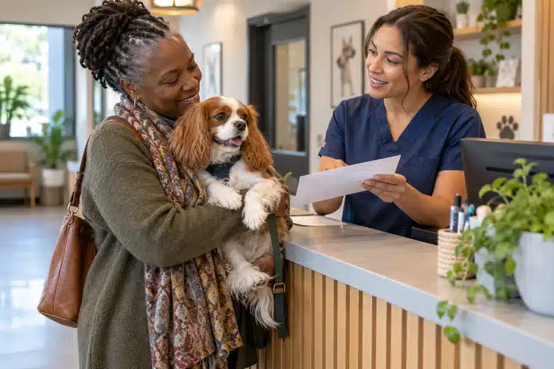 Woman collecting her spaniel while a veterinary receptionist explains a document