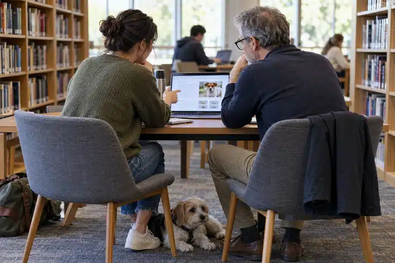 Adults evaluating information on a laptop in a library