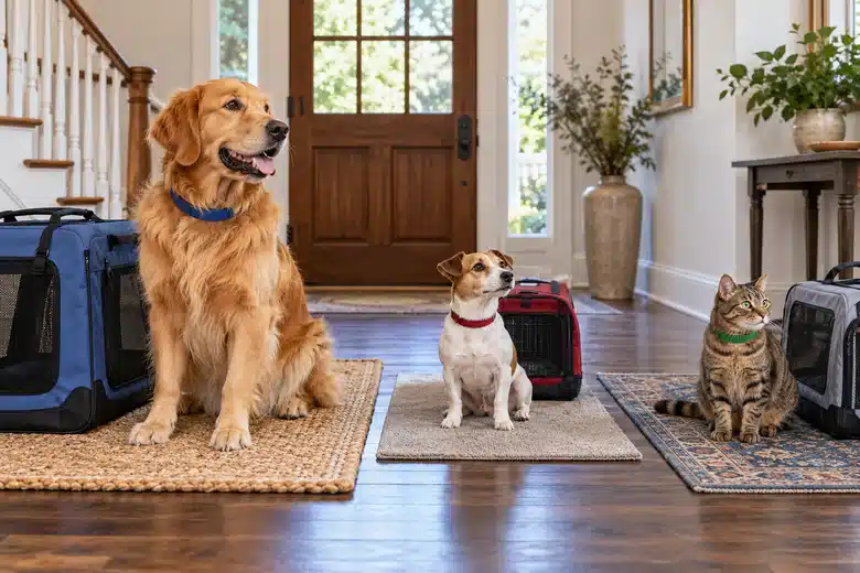 Two differently sized dogs and a cat in a household entryway