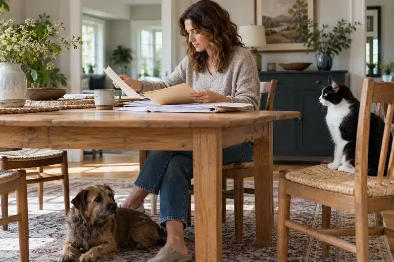 Owner auditing folders with cat and terrier nearby