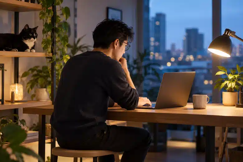 Man using a laptop at an evening workstation with a tuxedo cat resting on a shelf