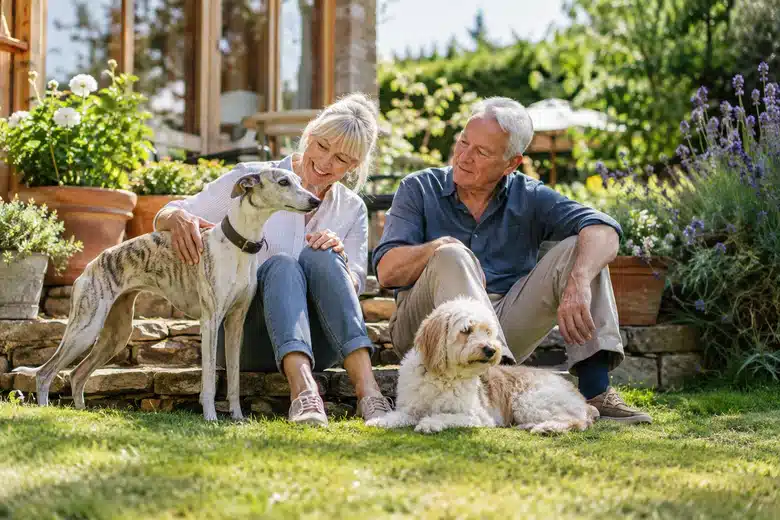 Two dogs resting with an older couple in a sunlit garden
