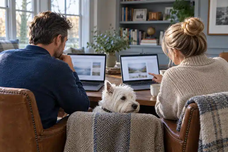 Couple comparing laptop screens with a terrier between them