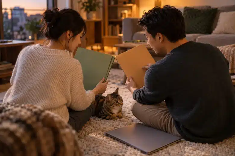 Two pet owners discussing separate comparison folders with a cat between them