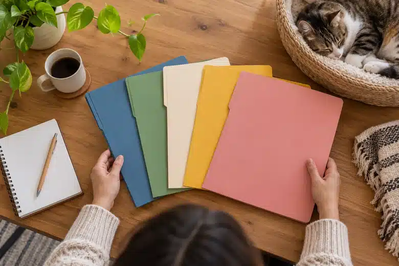 Blank comparison folders on a desk with a resting cat