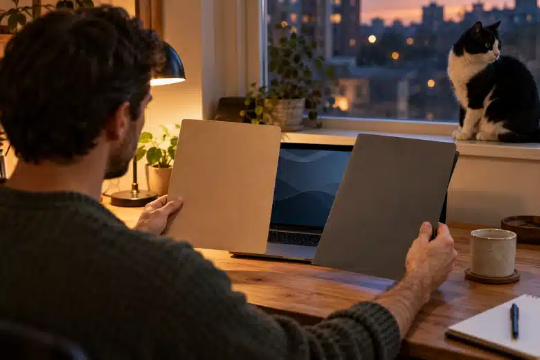 A man compares unbranded documents at a laptop while a cat watches nearby