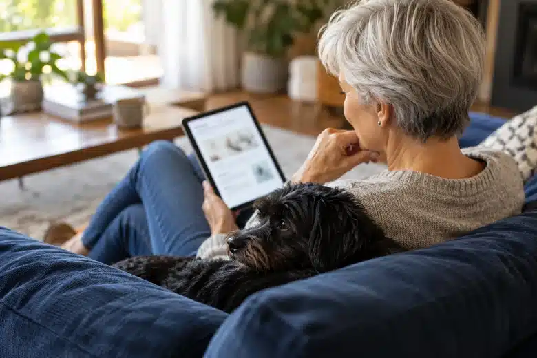 Owner reading a tablet beside a resting dog