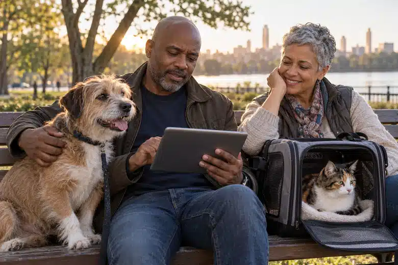 Owners with a terrier and a cat considering a tablet outdoors