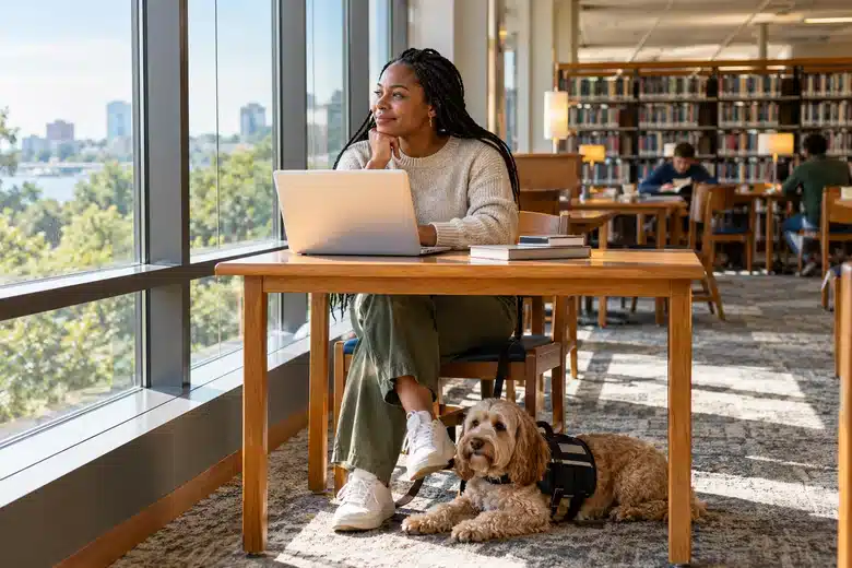 Pet owner researching on a laptop beside a dog in a bright library
