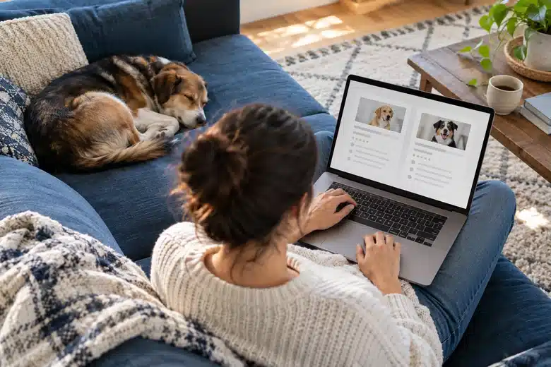 Owner reviewing policy information beside a resting dog