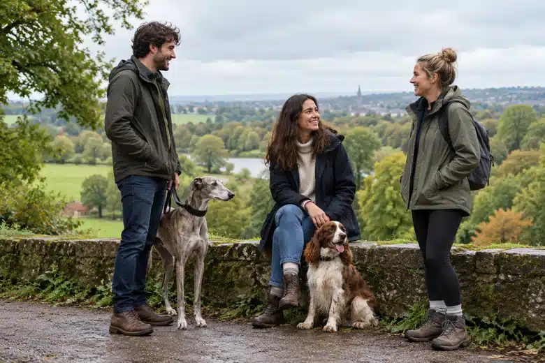 Adult dog owners talking beside a park with a spaniel and a greyhound