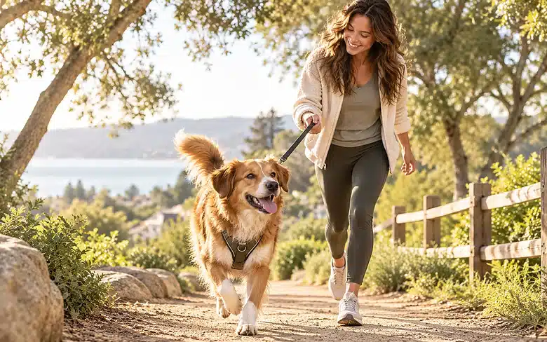 Dog and owner walking outdoors while considering pet insurance choices