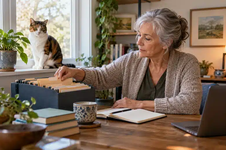 An adult organizing a research folder beside a sunlit window with a calico cat