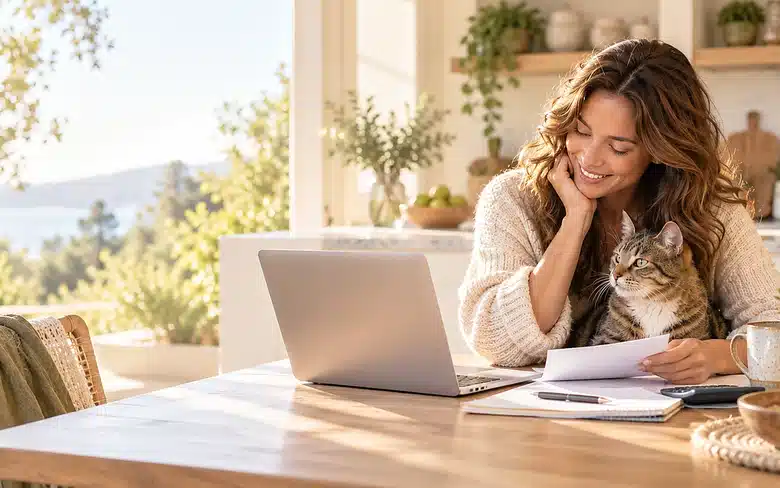 Cat beside a person reviewing pet insurance documents on a laptop