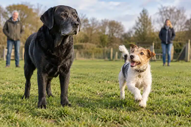 Older Labrador and young terrier on a training field