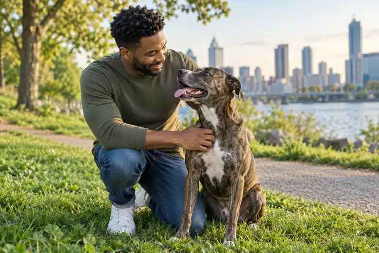 Man kneeling with a brindle dog in a park