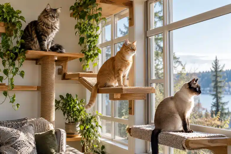 Three adult cats rest at different heights on sunny climbing shelves.