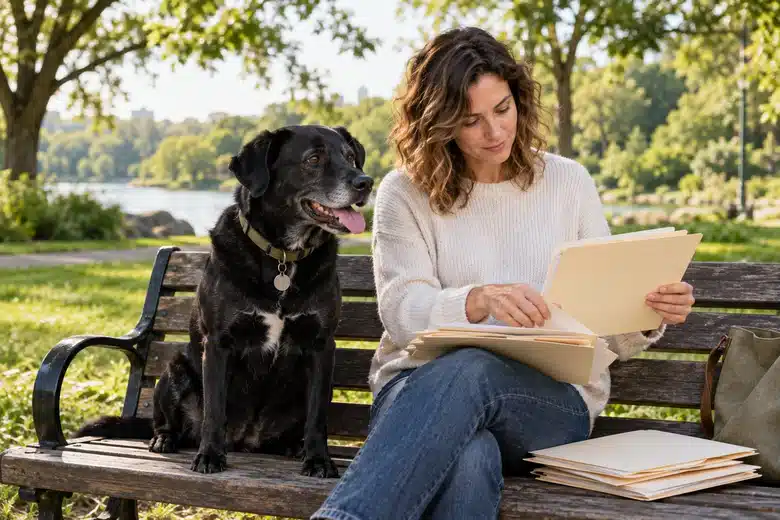 Owner and black dog beside plain folders on a green park bench