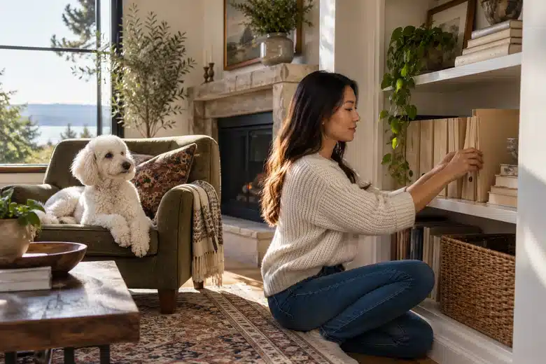 Woman sorting plain folders at a bookshelf while a white poodle rests in an armchair