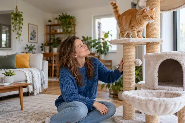 Woman in blue knitwear watching an orange cat climb a scratching tower