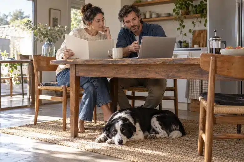 Two household members consider pet-care decisions while a dog rests beneath their table