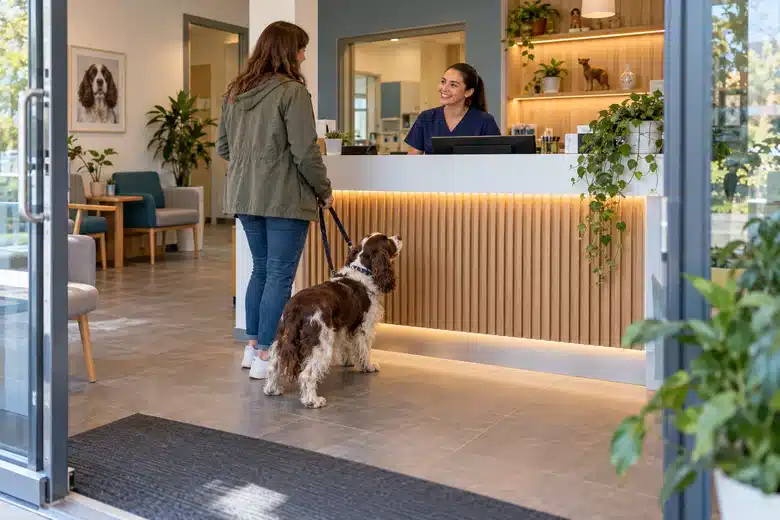 Spaniel and owner arriving at veterinary reception