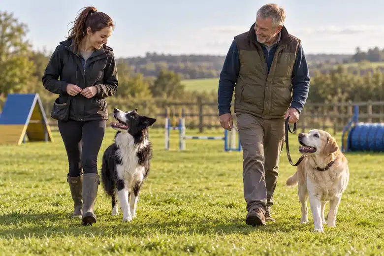 Owners with a young border collie and older Labrador in a dog exercise field