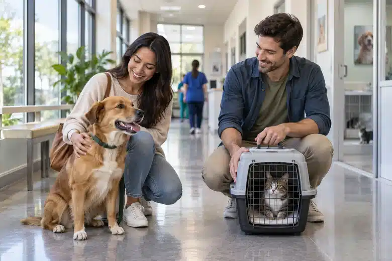 Diverse couple with a dog and cat carrier in a bright veterinary corridor