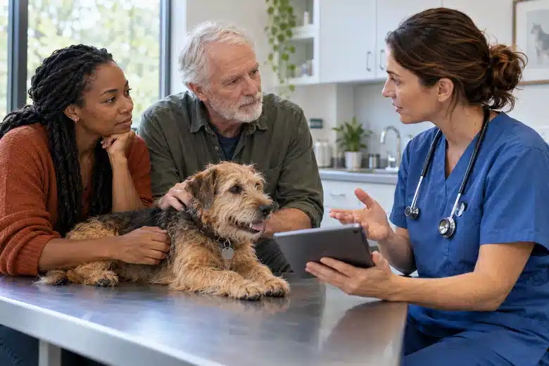 Two adult owners discussing a terrier’s care with a veterinarian
