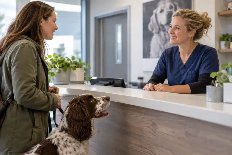 Dog owner speaking with a veterinary receptionist while a spaniel waits