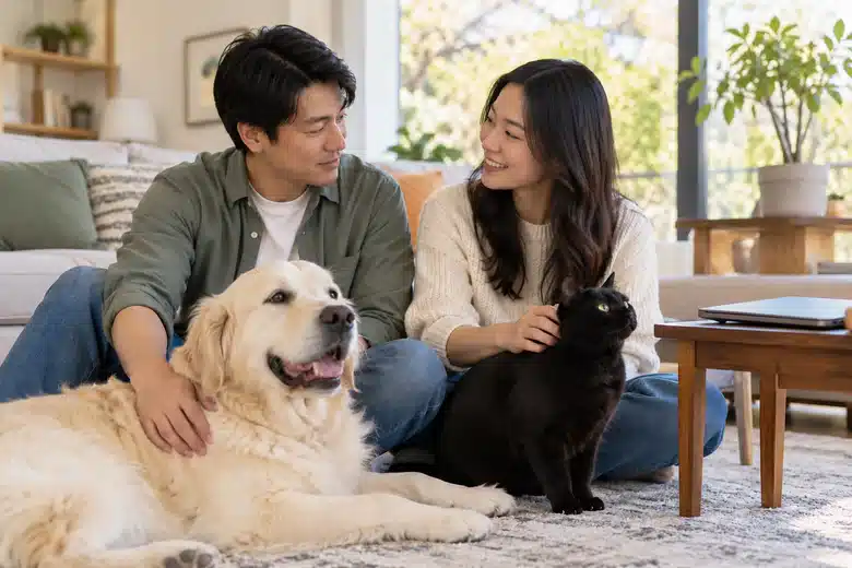 Couple discussing options with a dog and cat nearby