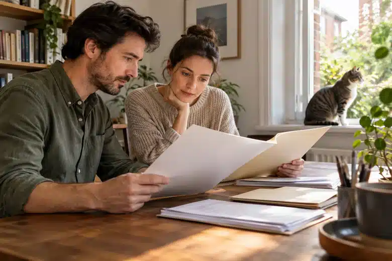 Two adults comparing folders in a home study