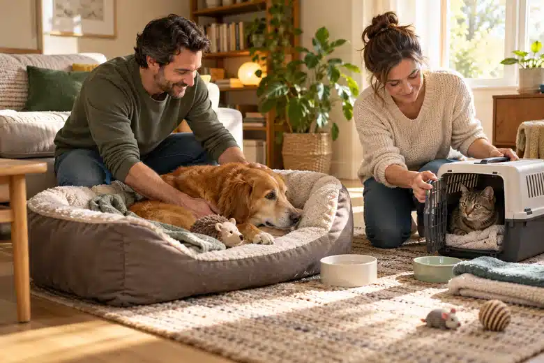 Household preparing a pet recovery corner with bed and carrier