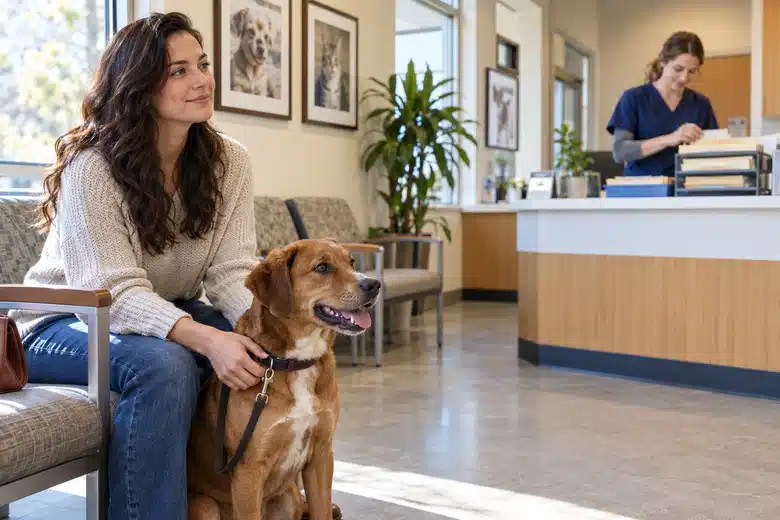 Owner and dog waiting while clinic staff organize folders